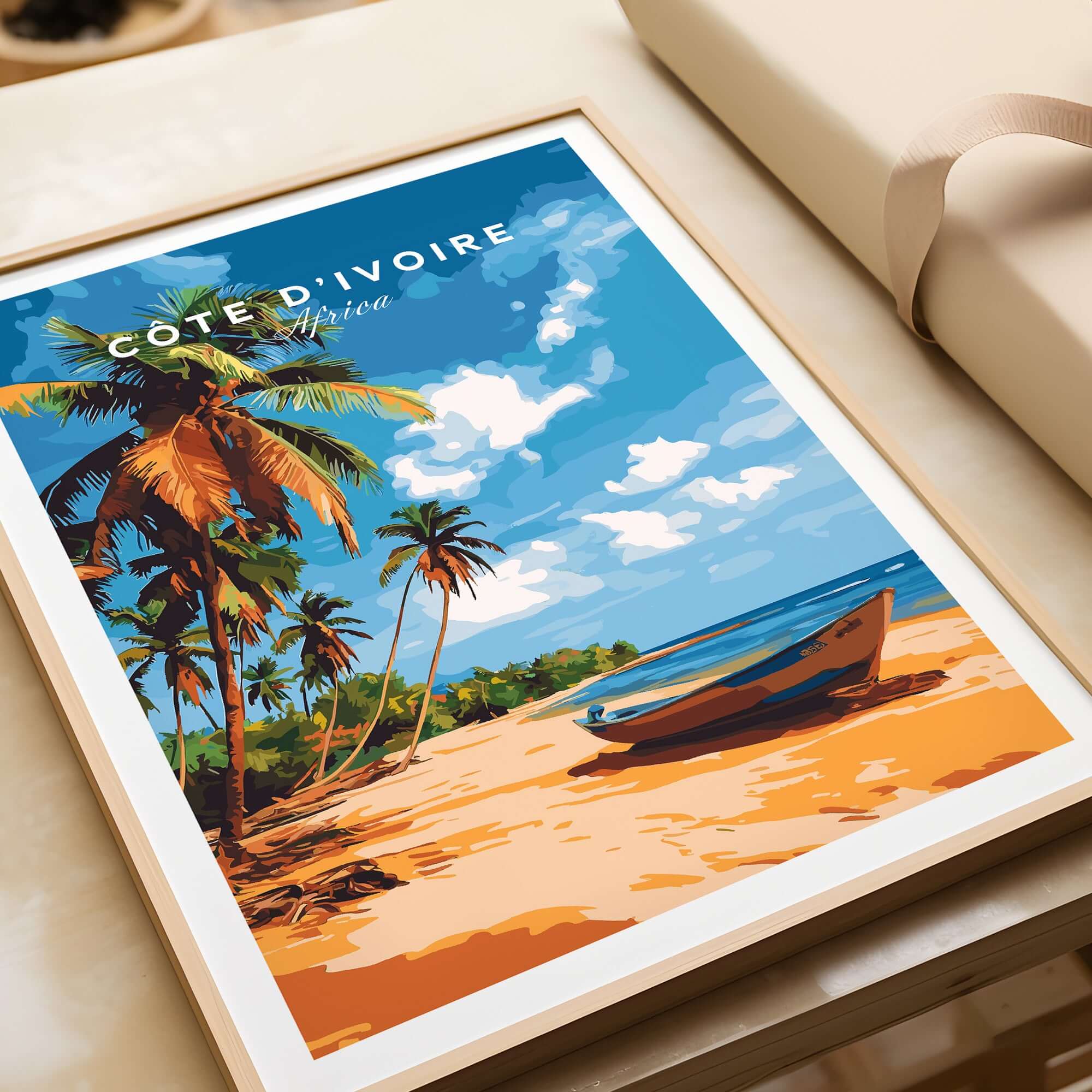Côte d'Ivoire Poster Africa featuring a beach scene with palm trees and a boat, vibrant colors capturing the essence of the Ivory Coast.