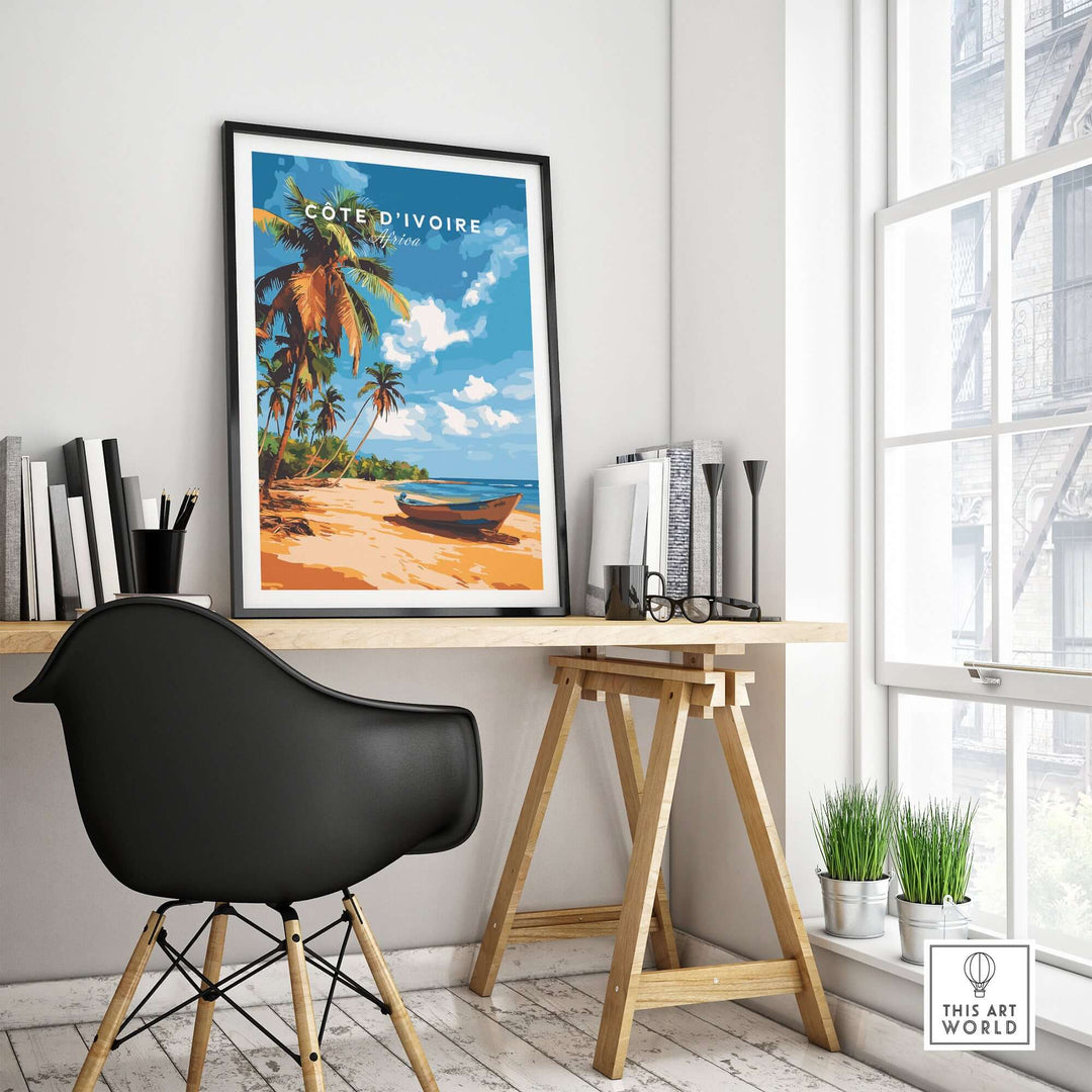 Côte d'Ivoire poster featuring a vibrant beach scene, perfect for adding an exotic touch to any room decor.