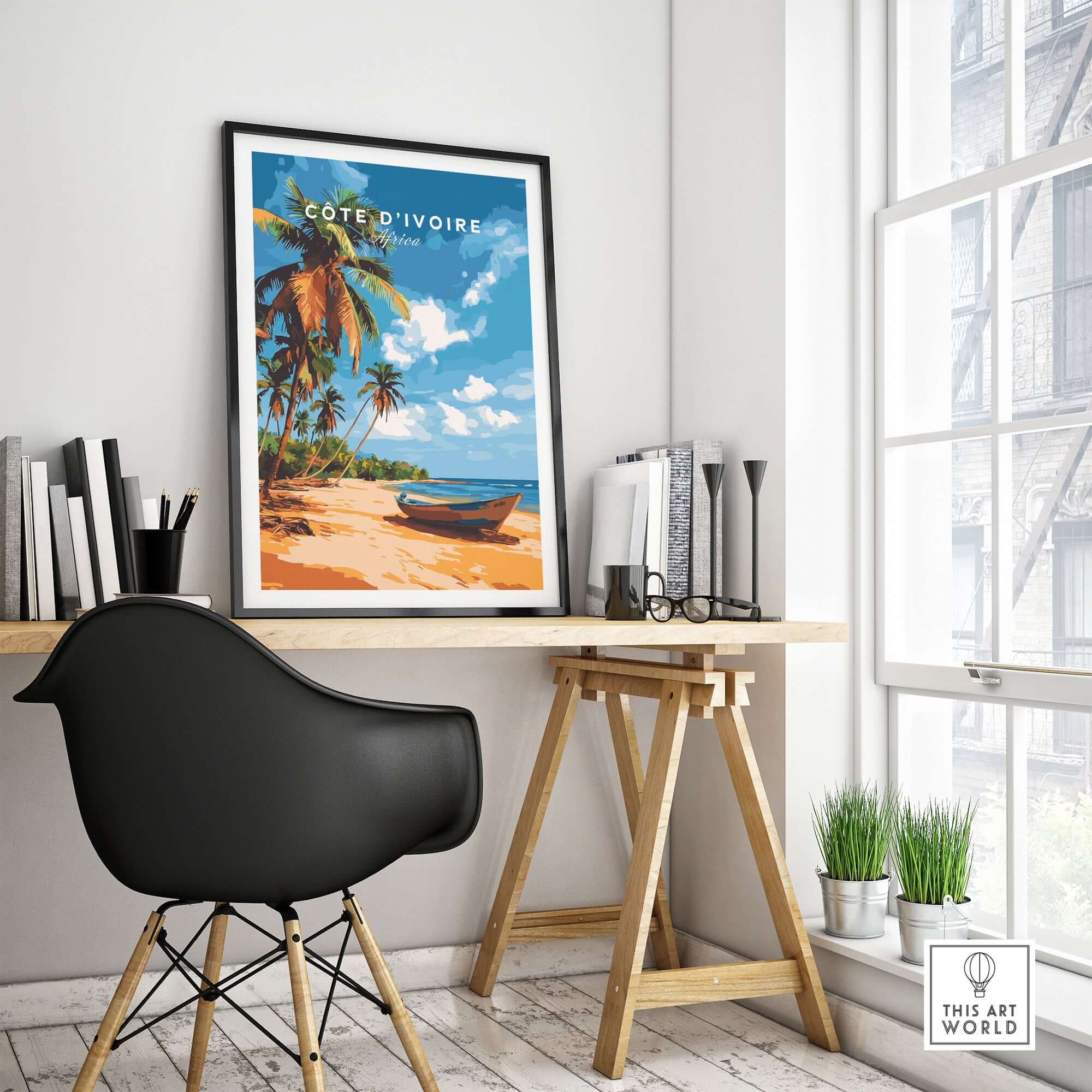 Côte d'Ivoire Poster Africa showcasing a serene beach scene in a stylish indoor setting.