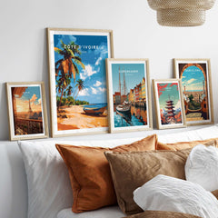 Côte d'Ivoire Poster Africa showcased among other travel posters on a stylish couch decor.