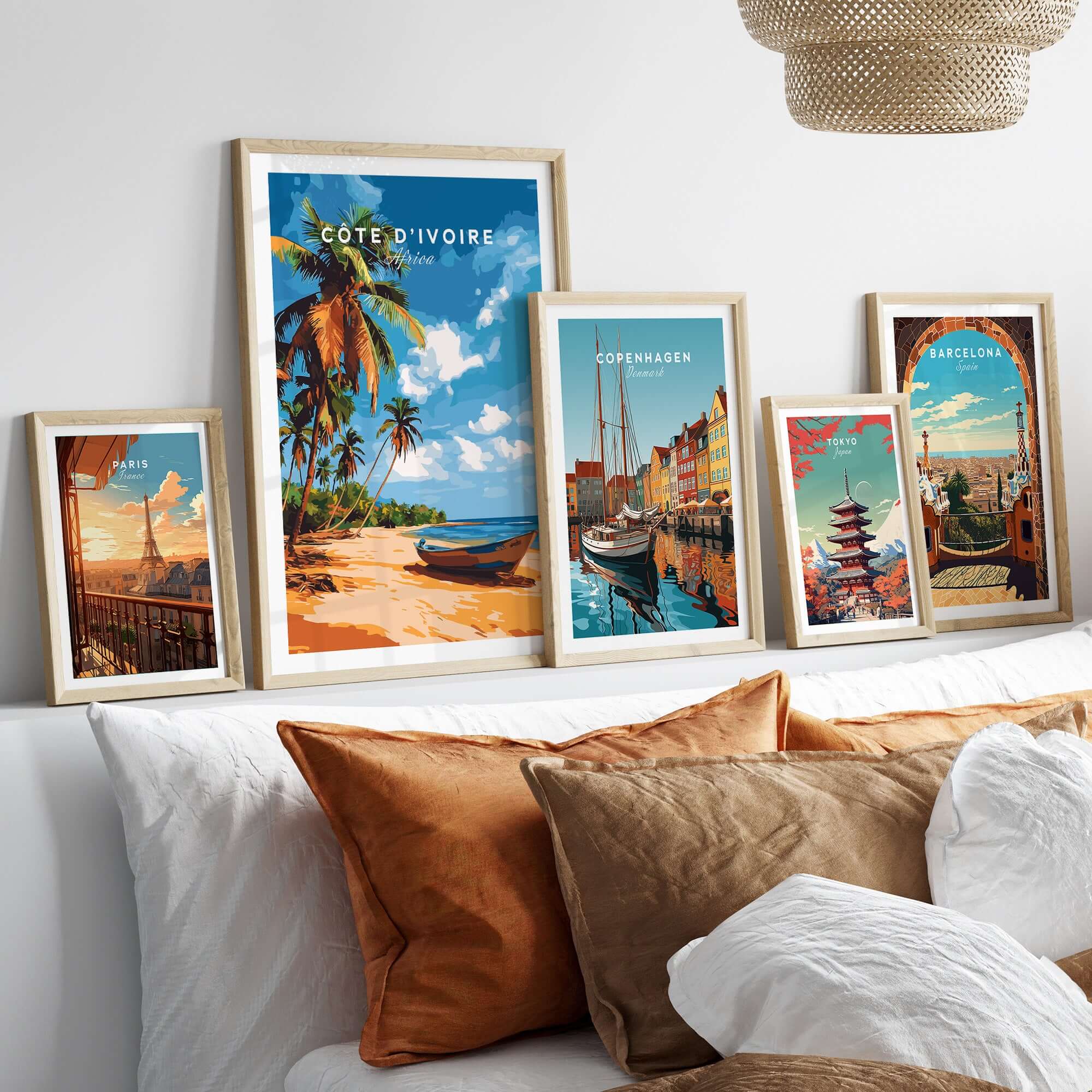 Côte d'Ivoire Poster Africa showcased among other travel posters on a stylish couch decor.