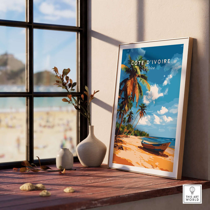 Côte d'Ivoire poster featuring a beach scene with palm trees, vibrant colors, and African art print decor.