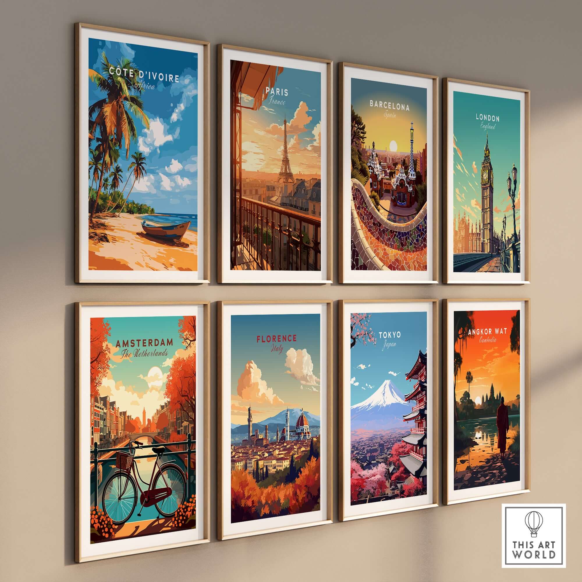 Côte d'Ivoire Poster Africa featured among various city art prints on a wall display.