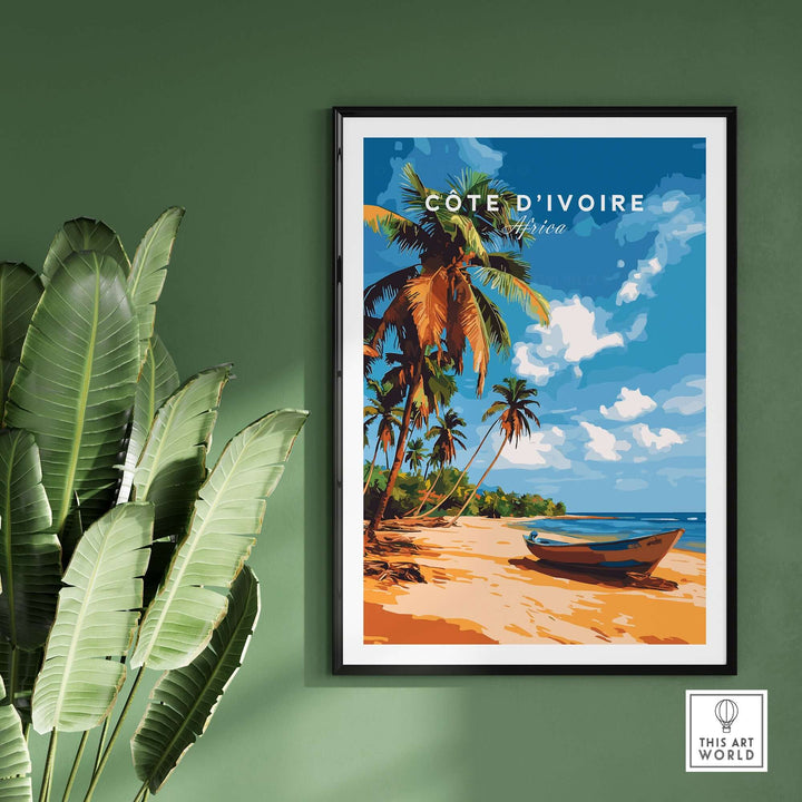 Côte d'Ivoire poster showcasing a tropical beach scene with palm trees and a boat, vibrant colors of Africa.