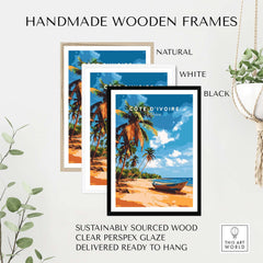 Côte d'Ivoire Poster Africa displayed in handmade wooden frames in natural, white, and black finishes.