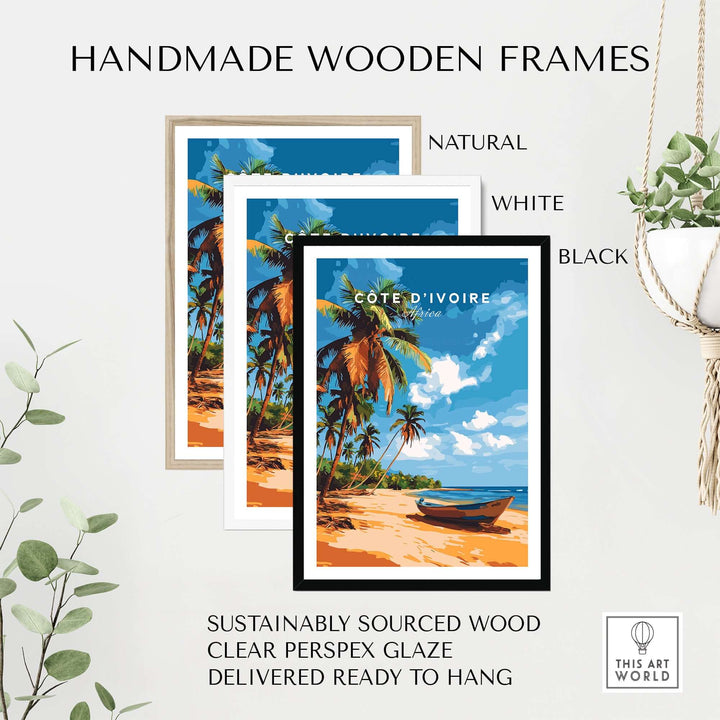 Handmade wooden frames in natural, white, and black for Côte d'Ivoire beach poster, ready to hang.