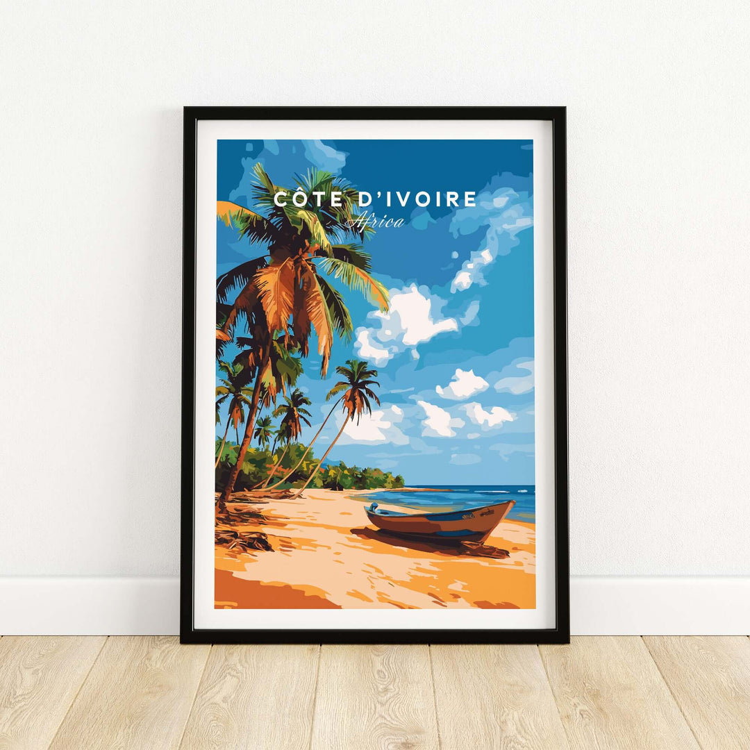 Côte d'Ivoire poster featuring serene beach scene with palm trees and a boat, capturing the beauty of Africa.