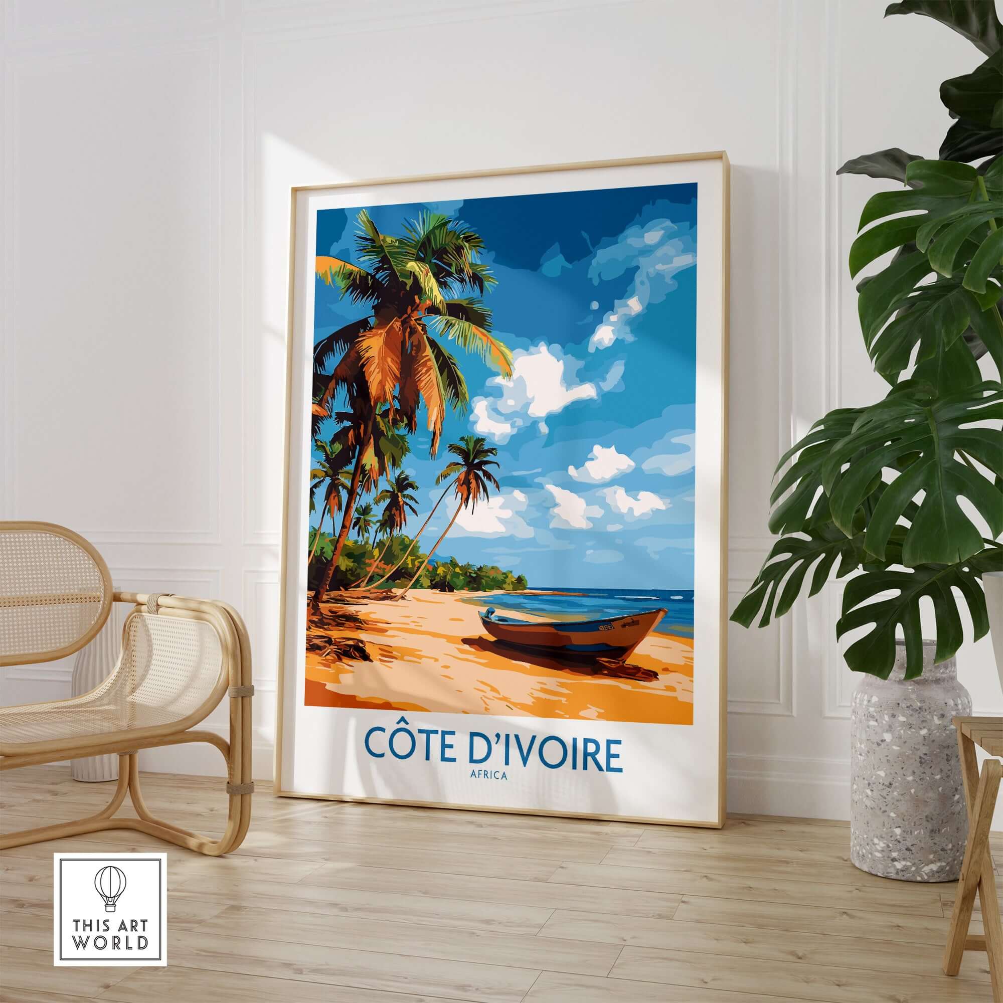 Côte d'Ivoire Poster - Beach Scene featuring a vibrant beach and palm trees in a stylish interior setting.