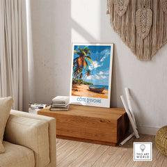 Côte d'Ivoire Poster - Beach Scene in a stylish home setting with palm trees and serene beach view.