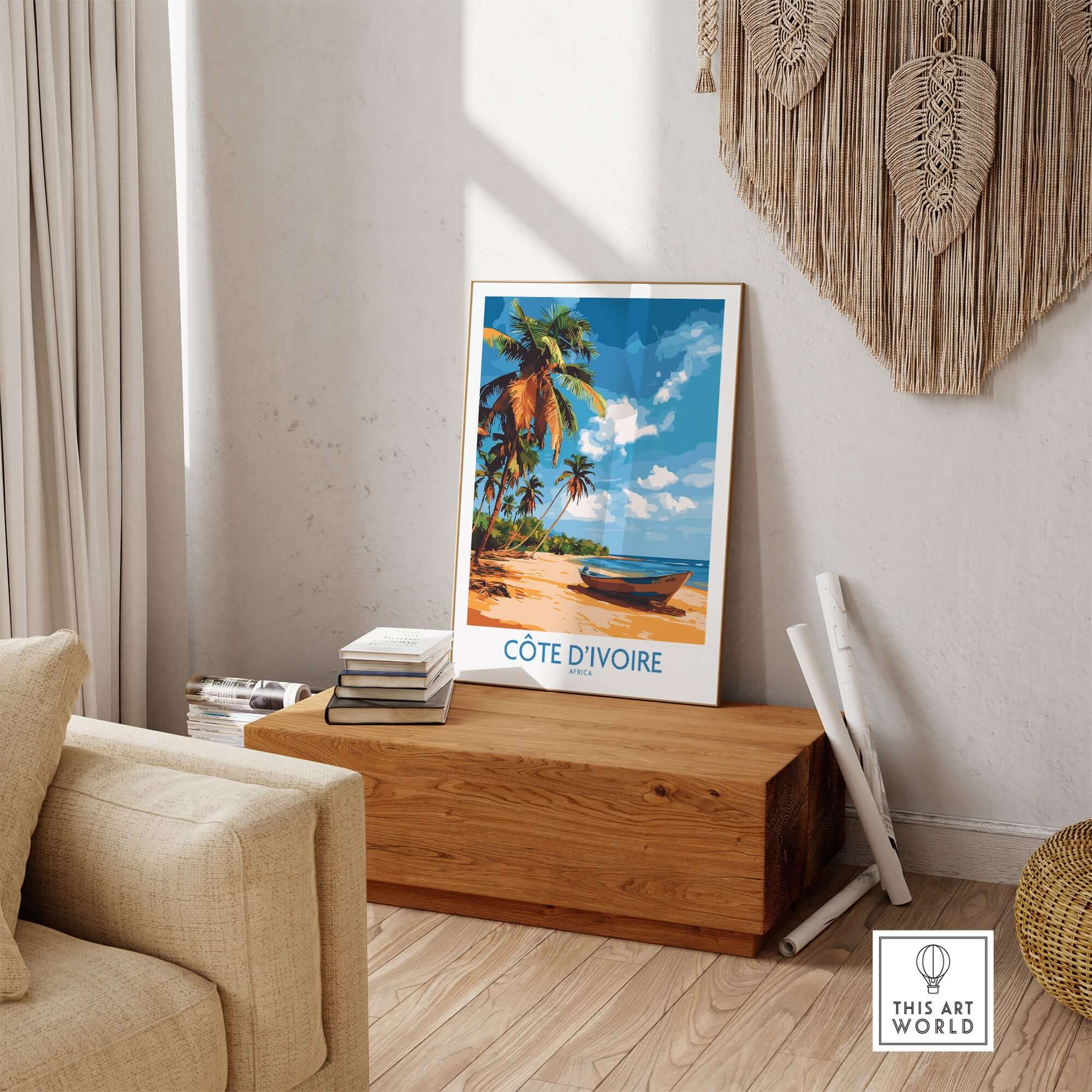 Côte d'Ivoire Poster - Beach Scene in a stylish home setting with palm trees and serene beach view.