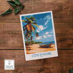 Côte d'Ivoire Poster - Beach Scene showcasing a serene tropical beach with palm trees and a boat.