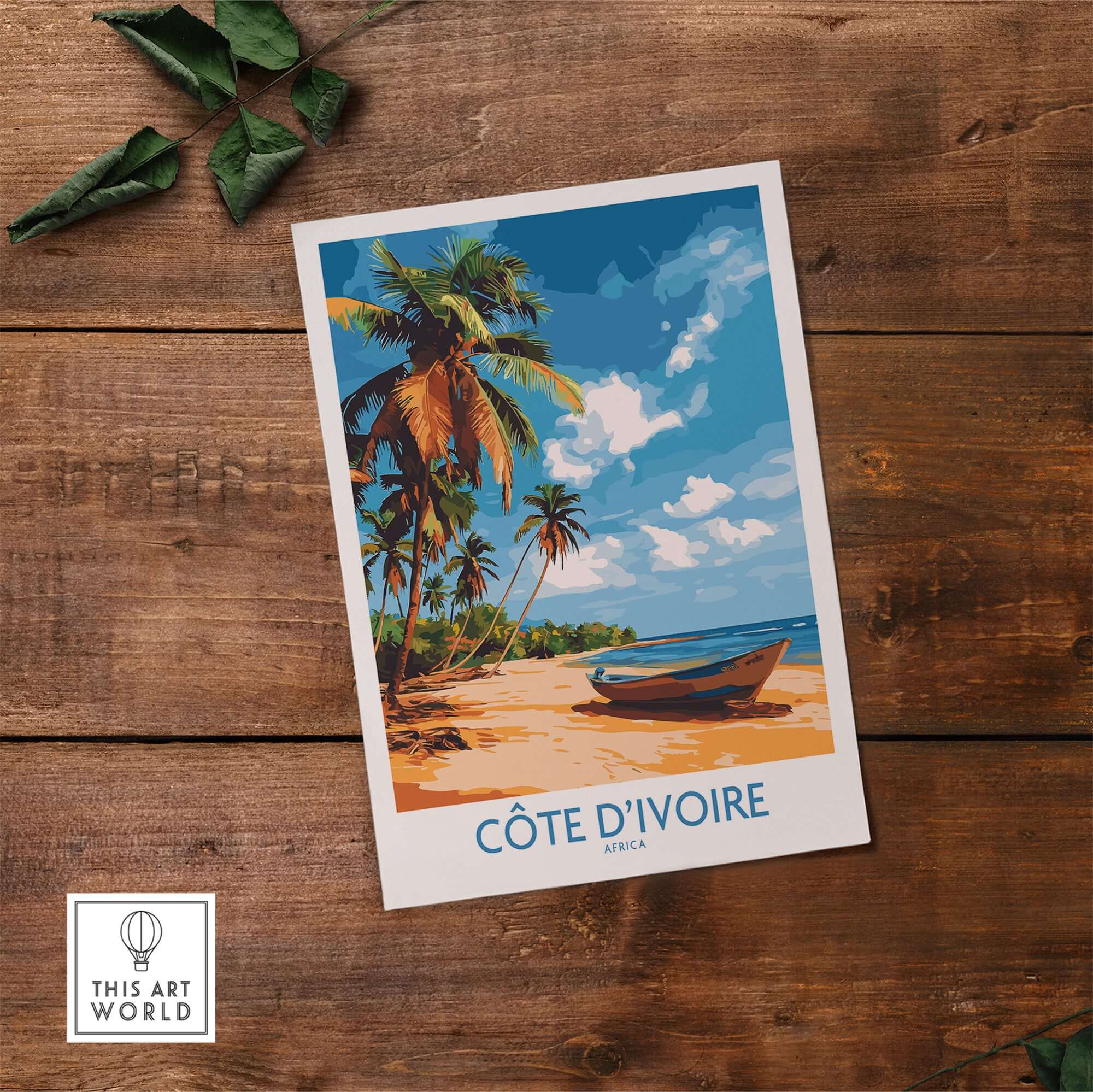 Côte d'Ivoire Poster - Beach Scene showcasing a serene tropical beach with palm trees and a boat.