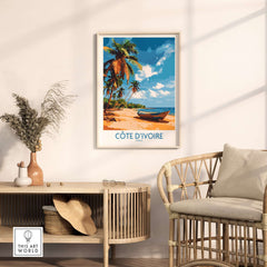 Côte d'Ivoire Poster - Beach Scene showcasing a vibrant beach with palms and a boat in a stylish interior setting.