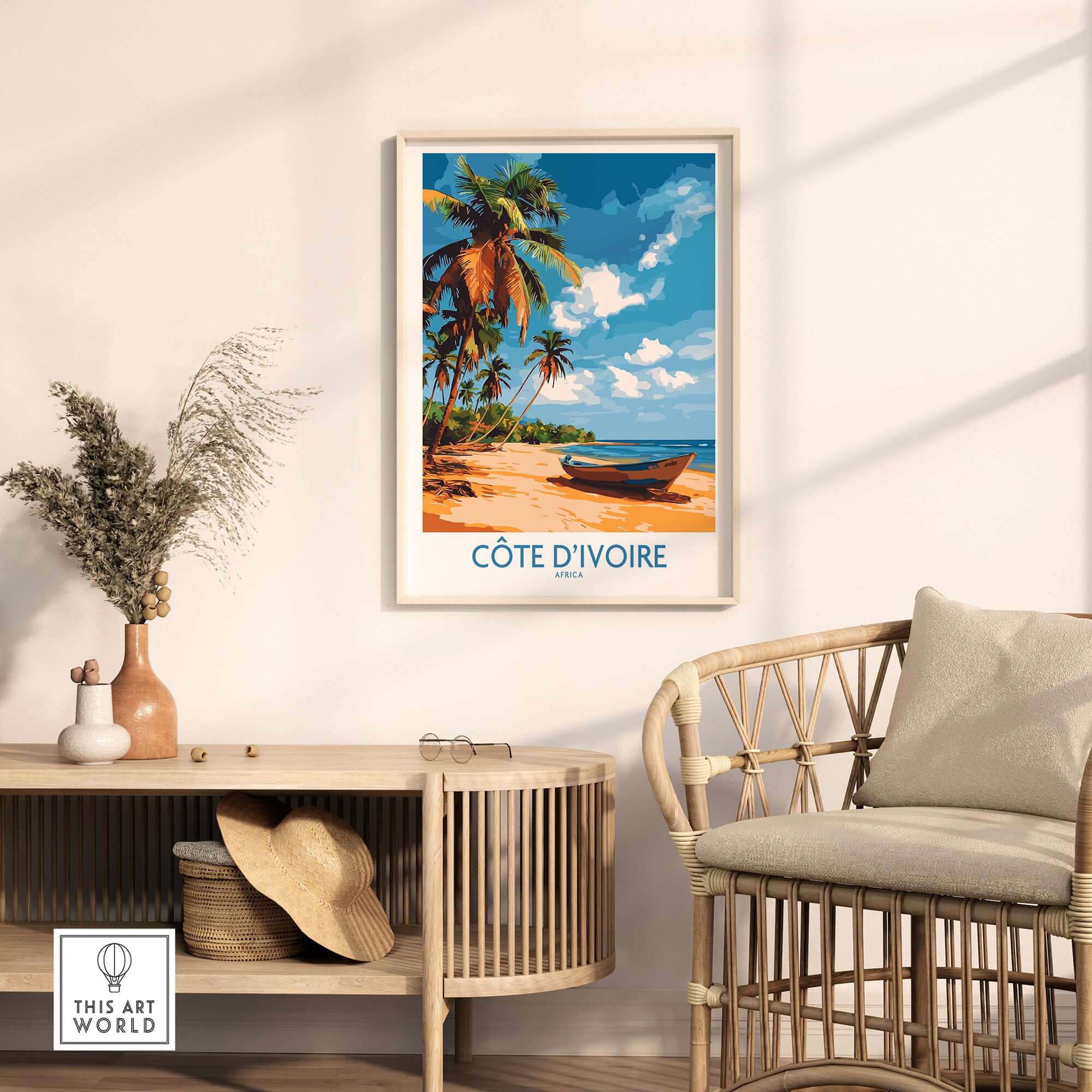 Côte d'Ivoire Poster - Beach Scene showcasing a vibrant beach with palms and a boat in a stylish interior setting.