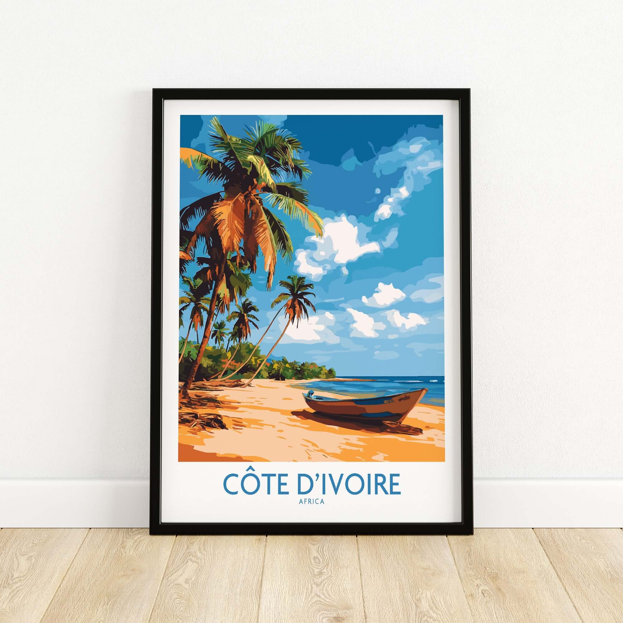 Côte d'Ivoire Poster - Beach Scene featuring a tropical beach with palm trees and a boat.