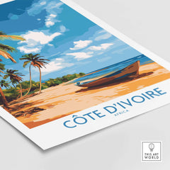 Côte d'Ivoire Poster - Beach Scene featuring a vibrant beach with palm trees and a boat against a bright sky.