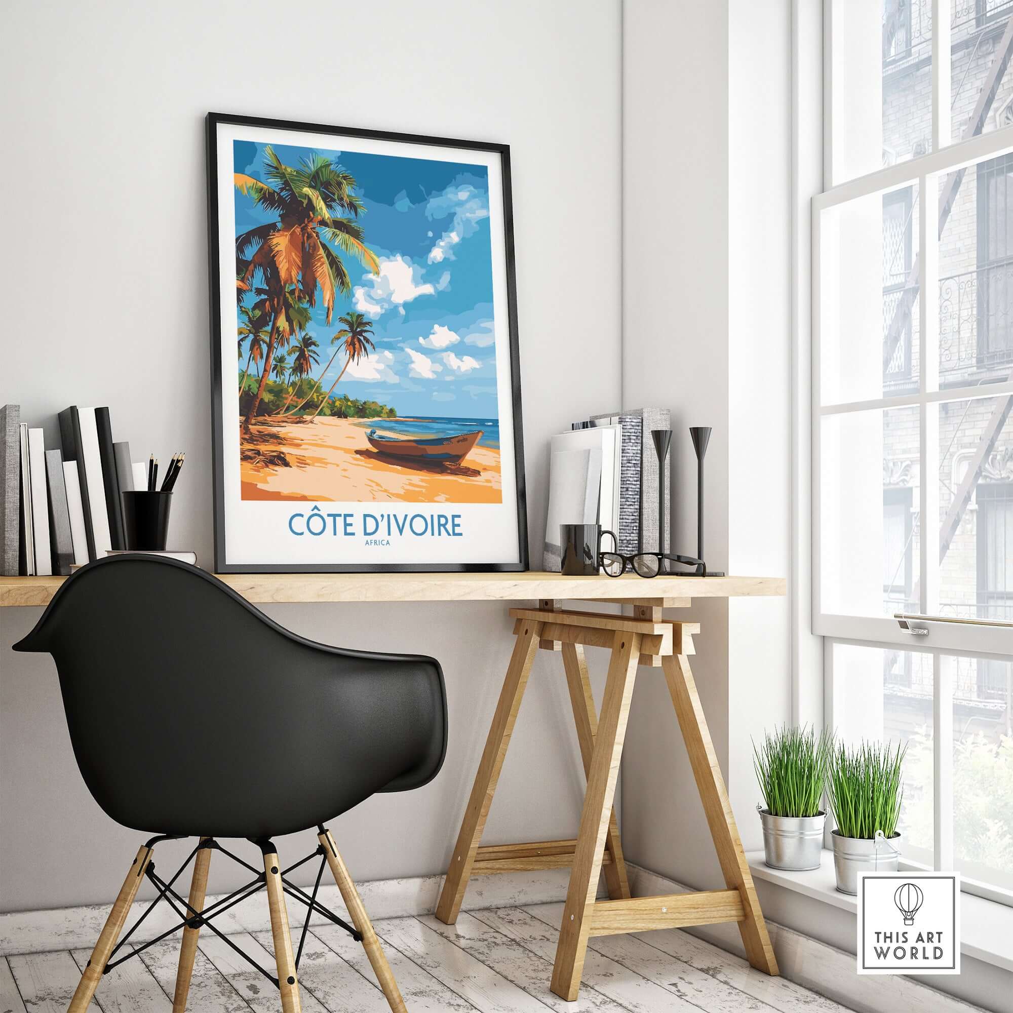Côte d'Ivoire Poster - Beach Scene showcasing a serene beach with palm trees and a boat in a stylish office setting.