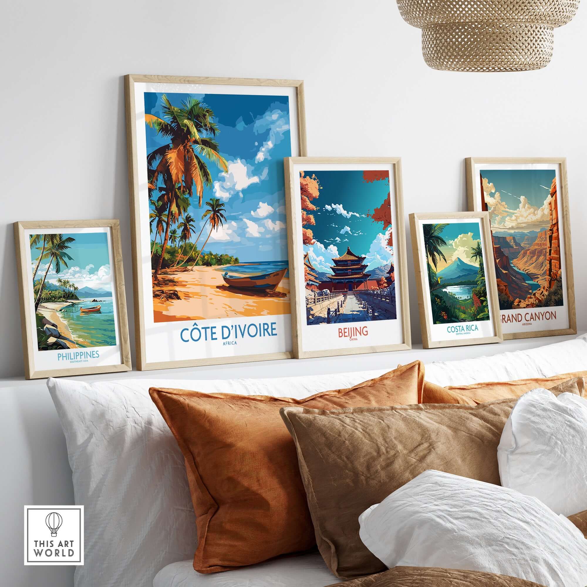 Côte d'Ivoire Poster - Beach Scene displayed among travel prints on a wall, evoking wanderlust and exotic destinations.
