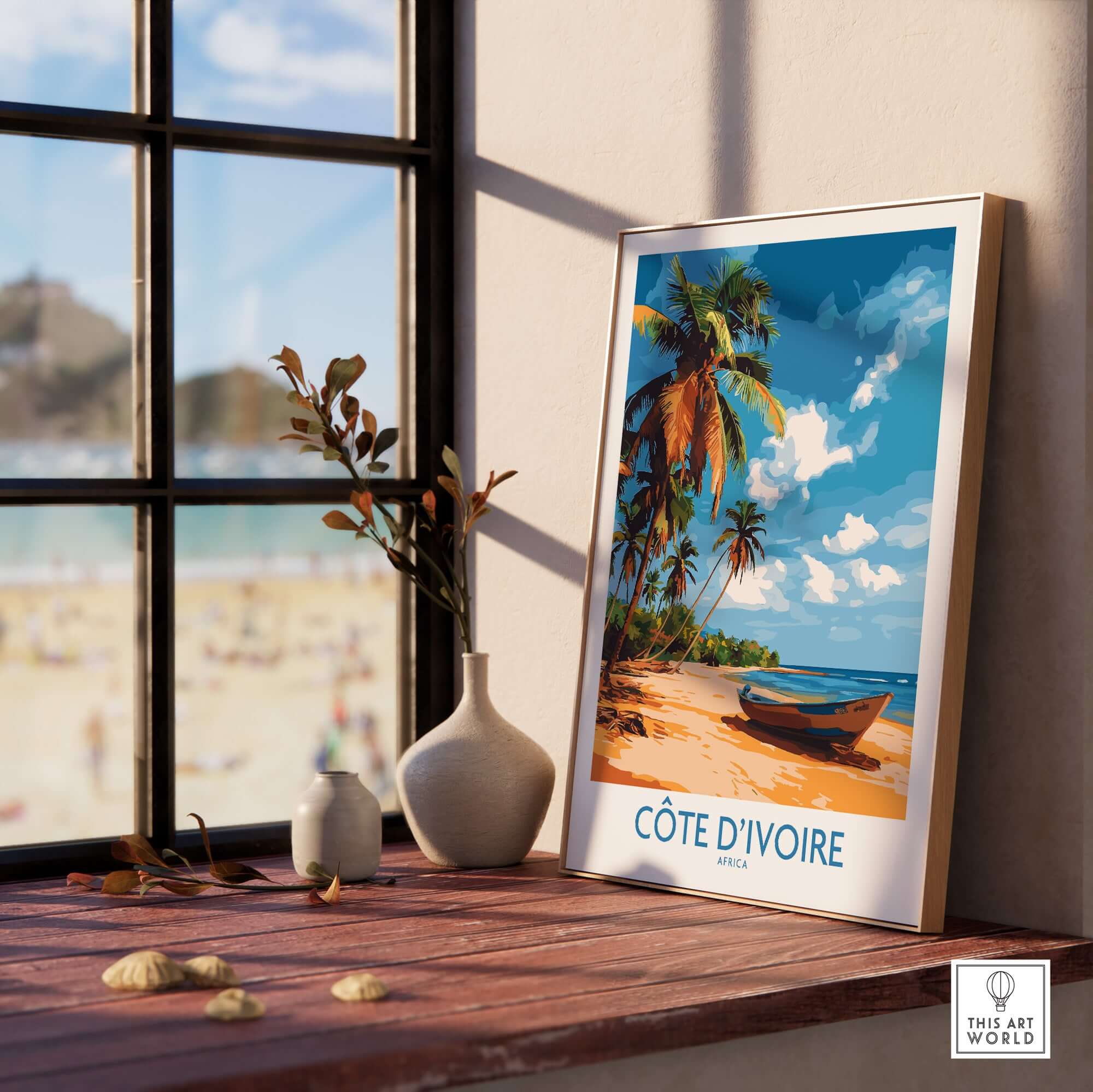 Côte d'Ivoire Poster - Beach Scene displaying a tropical beach with palm trees and a boat near the water.