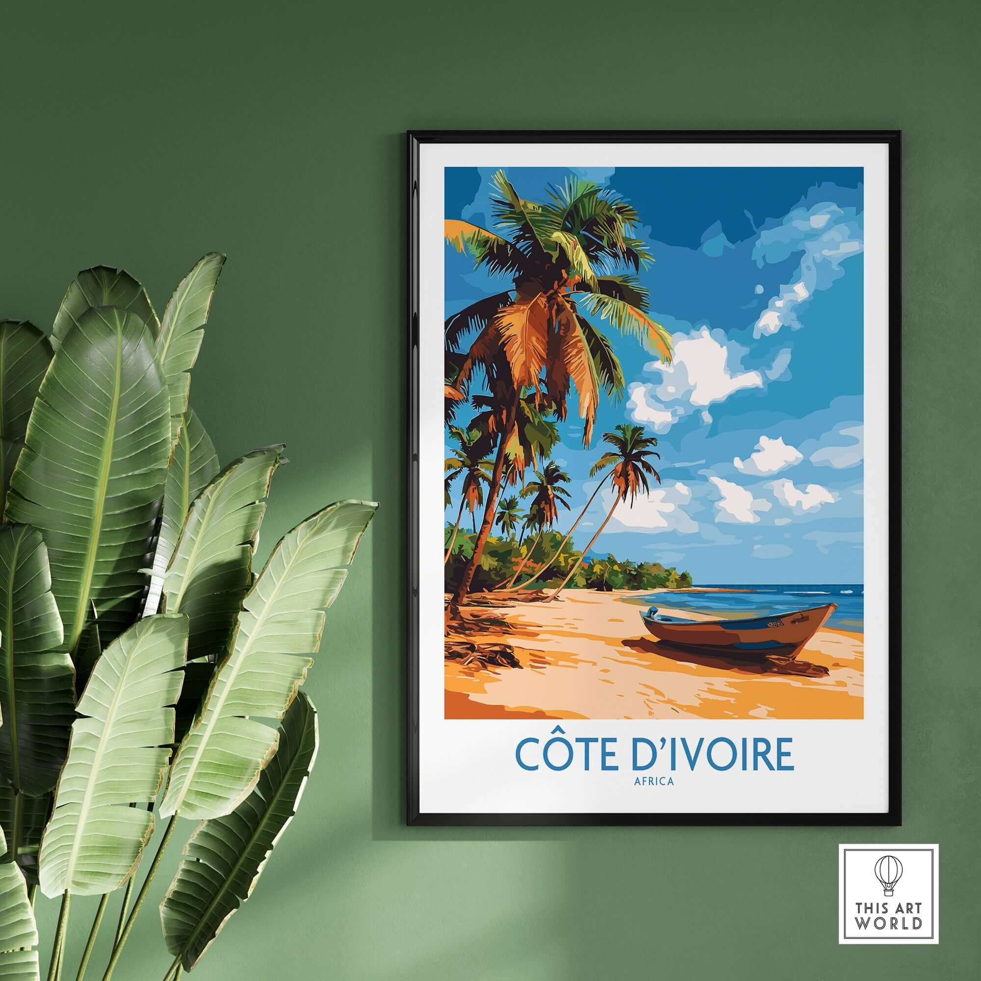 Côte d'Ivoire Poster - Beach Scene featuring tropical palms and a serene beach setting.