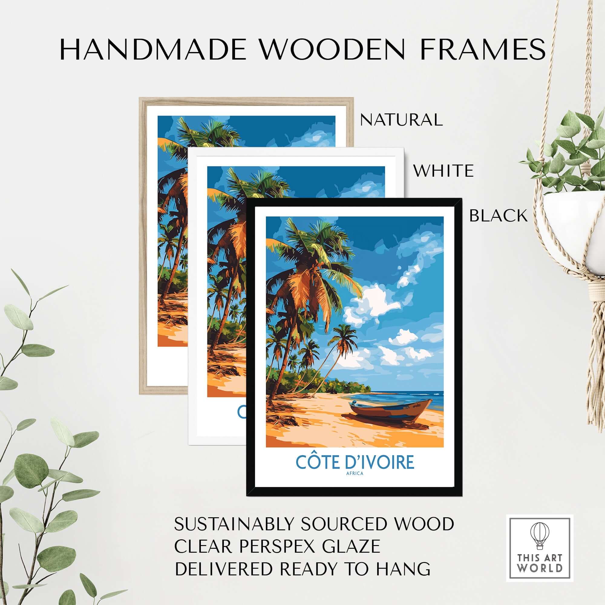 Côte d'Ivoire Poster - Beach Scene displayed in natural, white, and black handmade wooden frames.