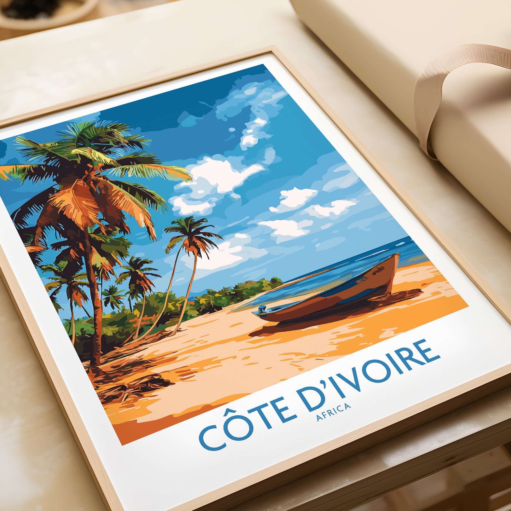 Côte d'Ivoire Poster - Beach Scene featuring vibrant beach and palm trees in a travel print.