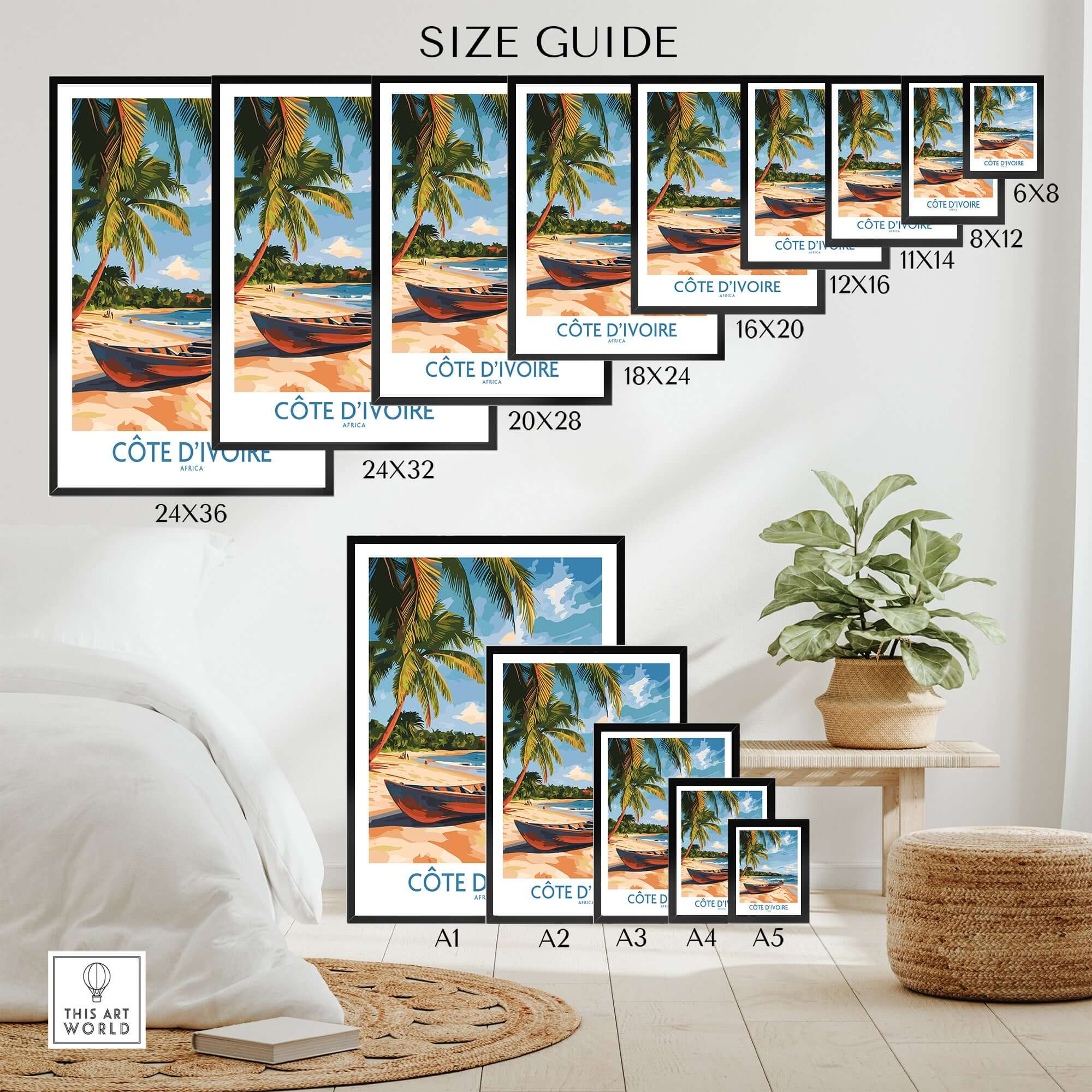 Côte d'Ivoire Travel Print size guide displaying various dimensions of the beach scene wall art.