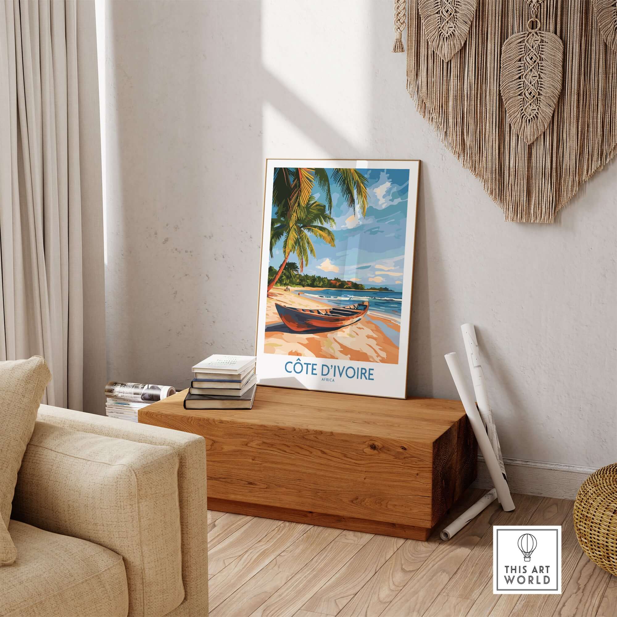 Côte d'Ivoire Travel Print featuring a serene beach scene with palm trees and a boat, ideal for home decor.