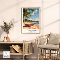 Côte d'Ivoire Travel Print featuring a serene beach scene in a stylish living room setting.