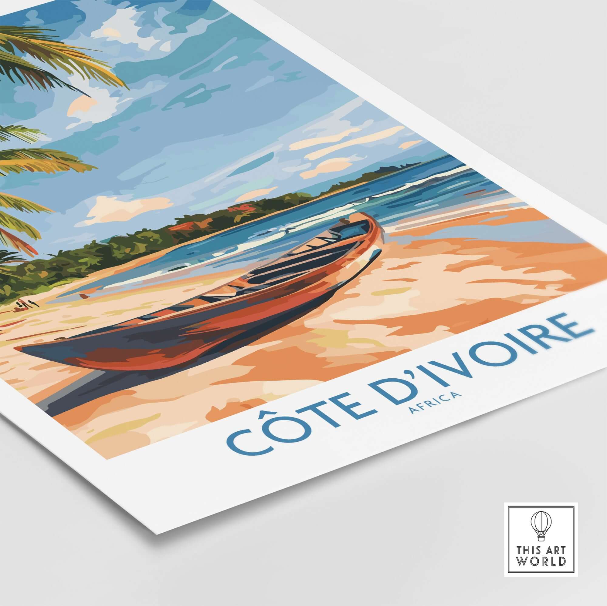Côte d'Ivoire Travel Print showcasing a beach scene with a boat and palm trees, perfect for home decor.