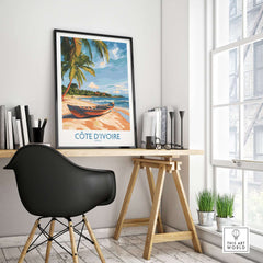 Côte d'Ivoire Travel Print featuring a beautiful beach scene displayed in a modern home office.