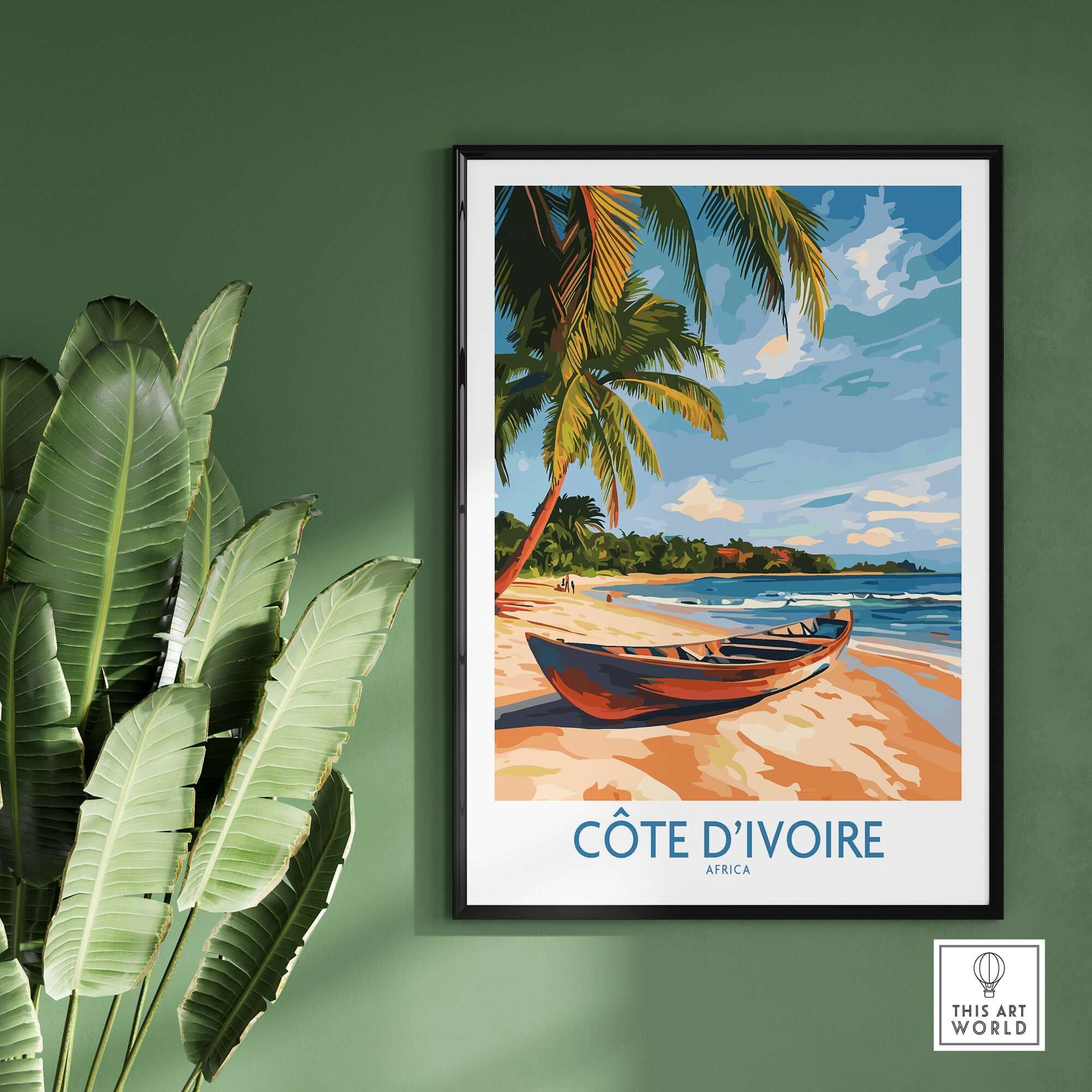 Côte d'Ivoire Travel Print featuring a tranquil beach scene with palm trees and a boat on the shoreline.