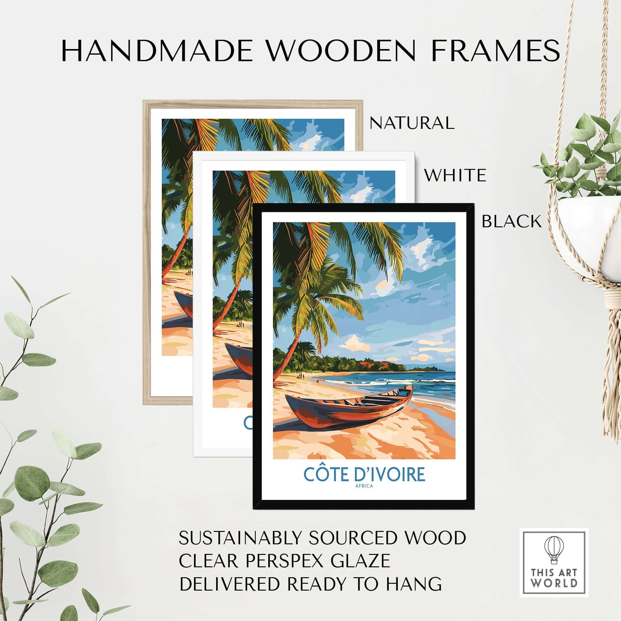 Côte d'Ivoire Travel Print displayed in handmade wooden frames in natural, white, and black options.