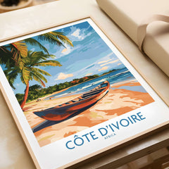 Côte d'Ivoire Travel Print featuring serene beach scene and tropical palm trees for home decor.