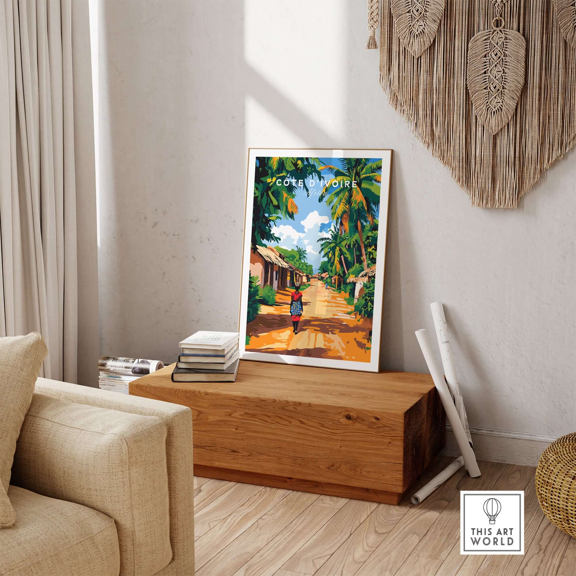 Côte d'Ivoire Wall Art - African Landscape Poster Print, Ivory Coast displayed in a cozy living room setting.