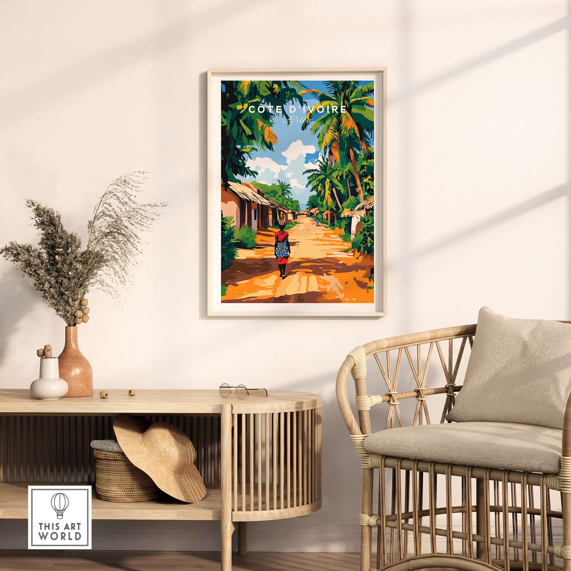 Côte d'Ivoire Wall Art - African Landscape Poster Print, Ivory Coast displayed in a modern living room.