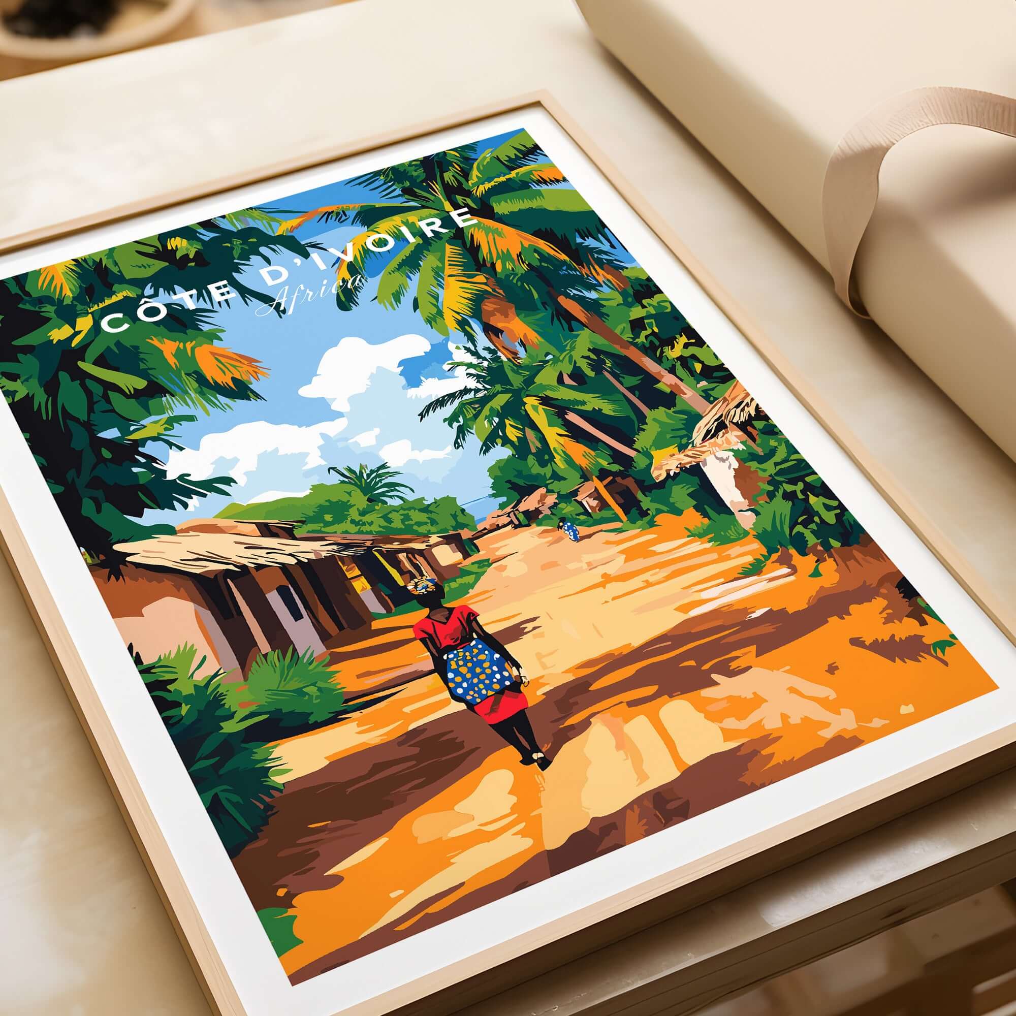 Côte d'Ivoire Wall Art - African Landscape Poster Print, Ivory Coast featuring vibrant scenery and a person walking.