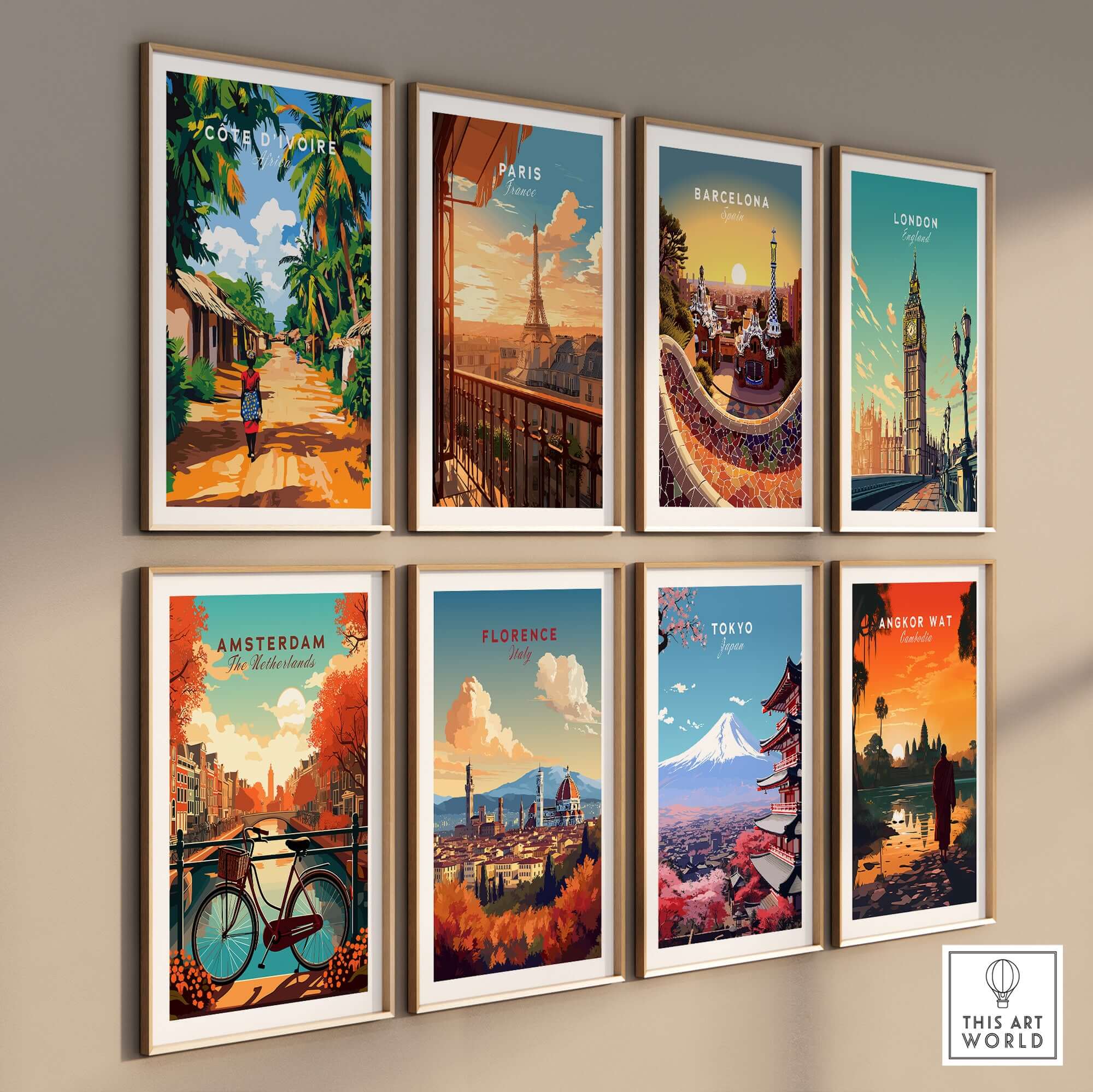 Côte d'Ivoire Wall Art - African Landscape Poster Print, Ivory Coast displayed among other city prints on a gallery wall.