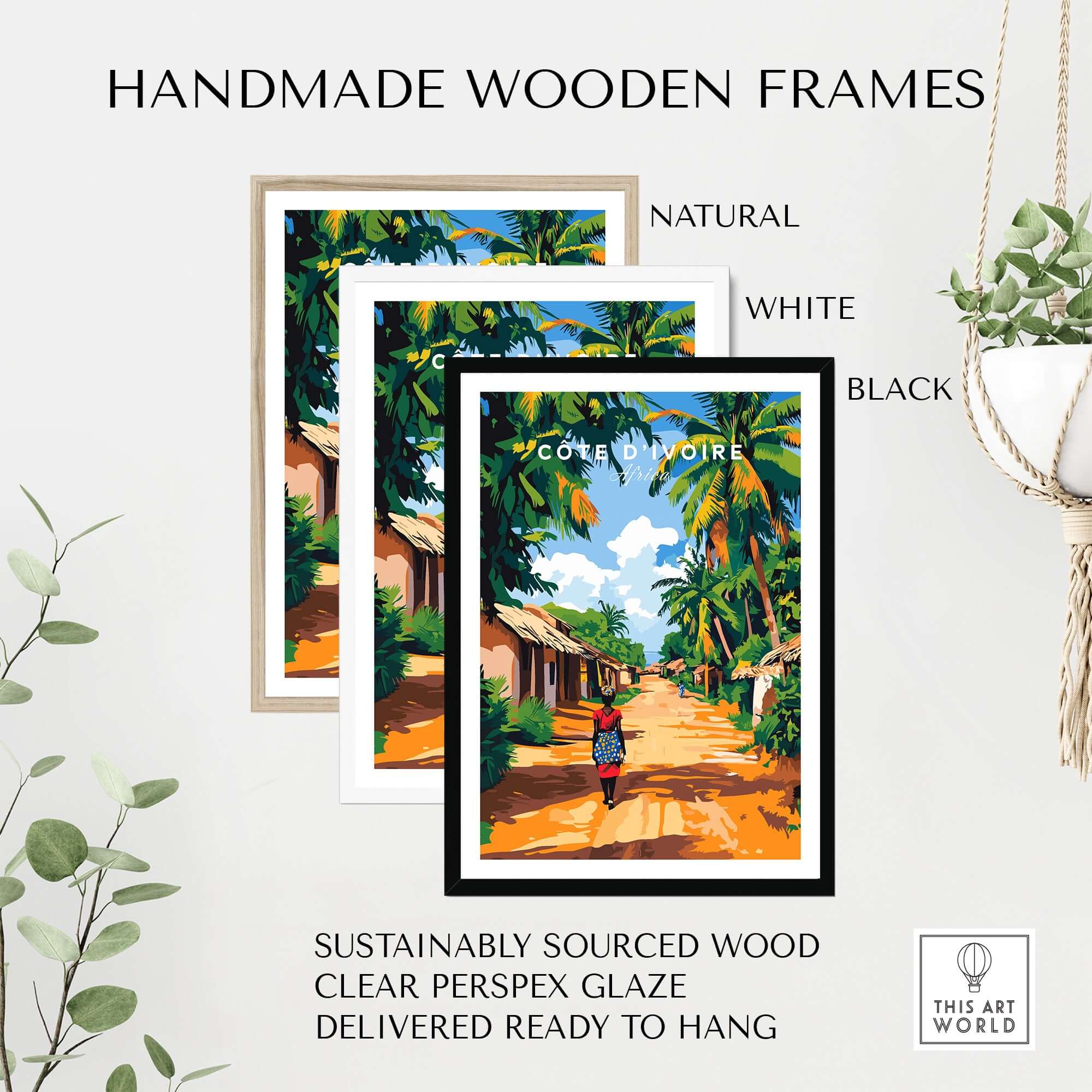 Côte d'Ivoire Wall Art - African Landscape Poster Print, Ivory Coast framed in natural, white and black handmade wooden frames.