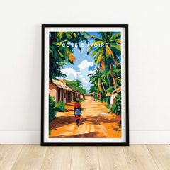 Côte d'Ivoire Wall Art - African Landscape Poster Print, Ivory Coast featuring colorful scenery and a woman walking.