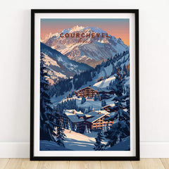 Courchevel Travel Poster - France showcasing stunning ski slopes and mountain scenery.