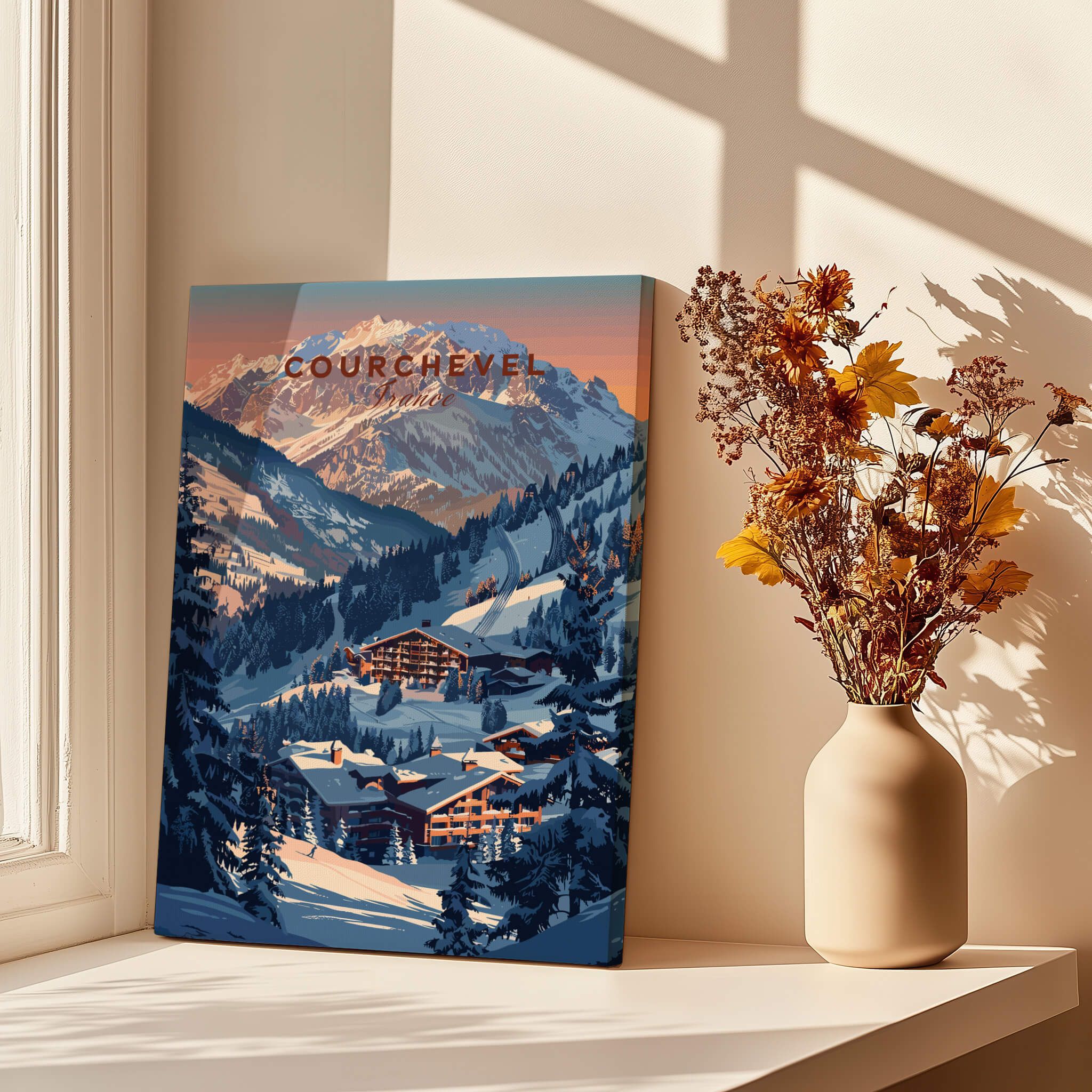 Courchevel Travel Poster - France depicting stunning ski slopes and charming village scenery in a picturesque winter setting.