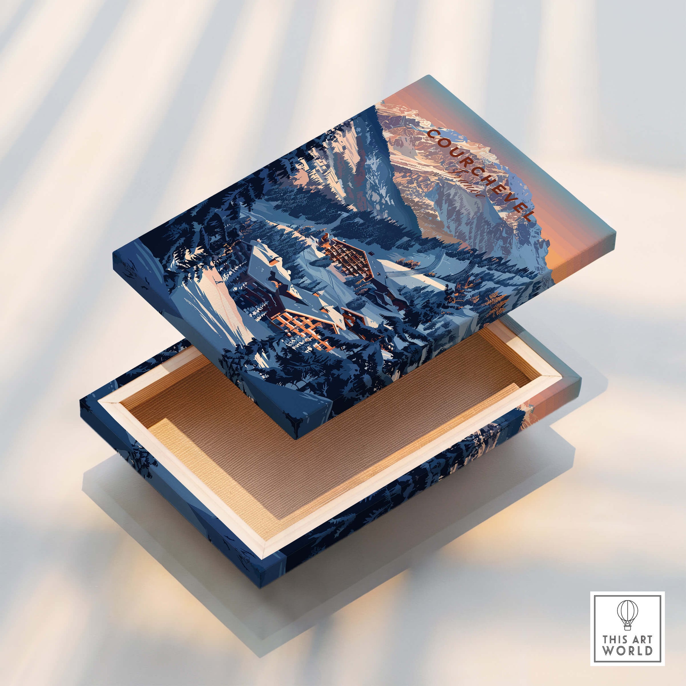 Courchevel Travel Poster - France design on a wooden box showcasing beautiful ski slopes and mountains.