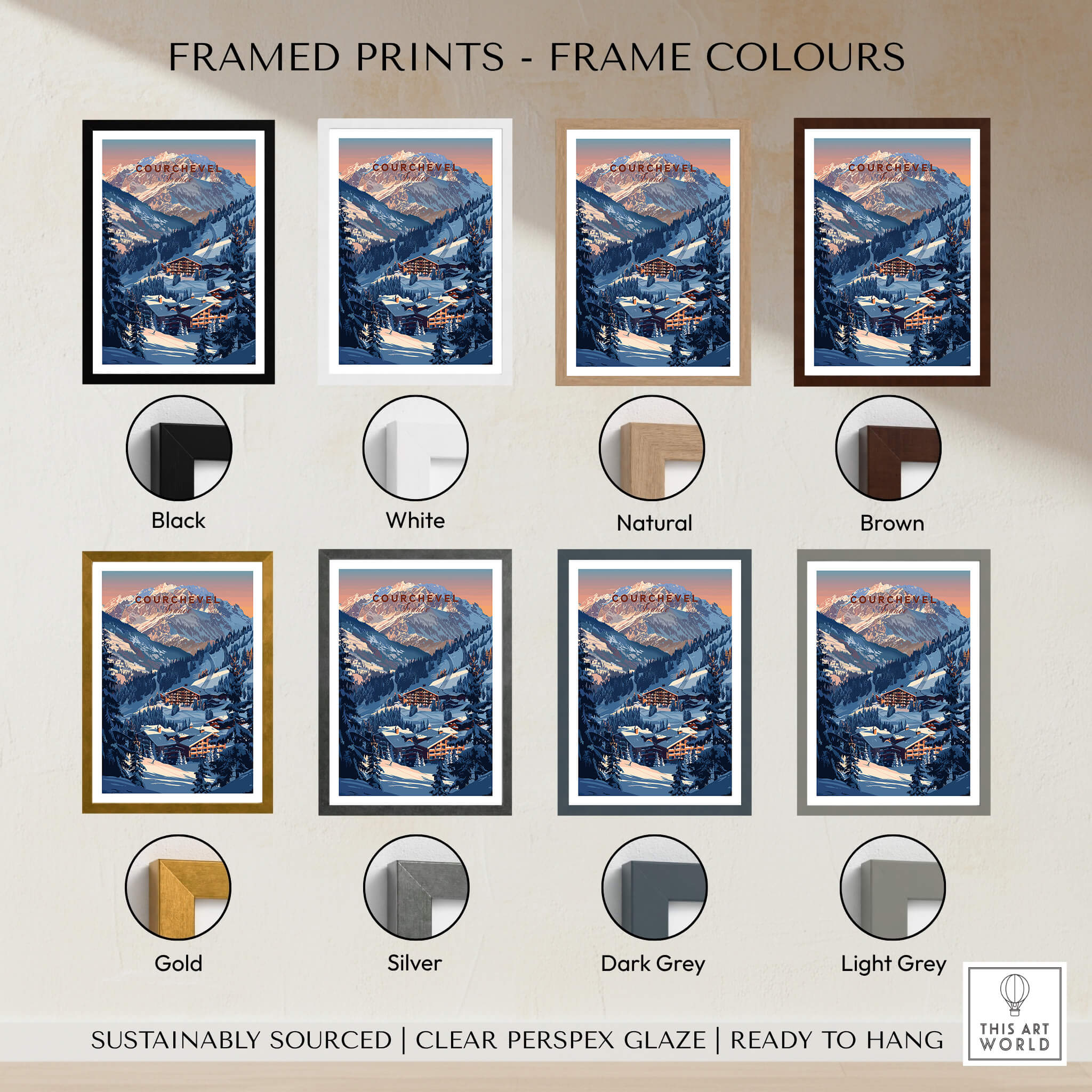 Framed prints of Courchevel Travel Poster - France in various frame colors, showcasing stunning ski slopes.