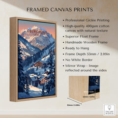 Courchevel Travel Poster - France framed canvas print showcasing ski slopes and mountain scenery.