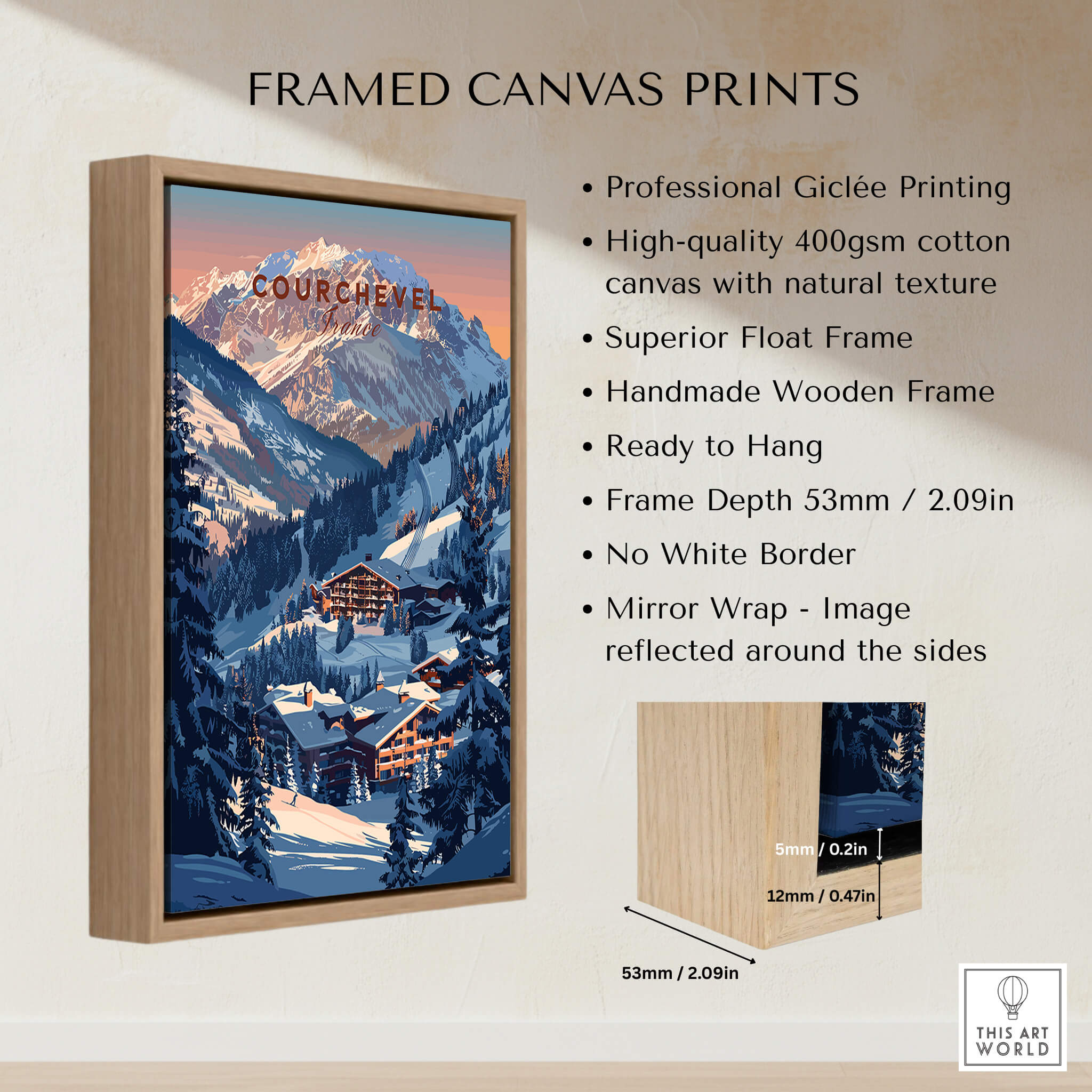 Courchevel Travel Poster - France framed canvas print showcasing ski slopes and mountain scenery.