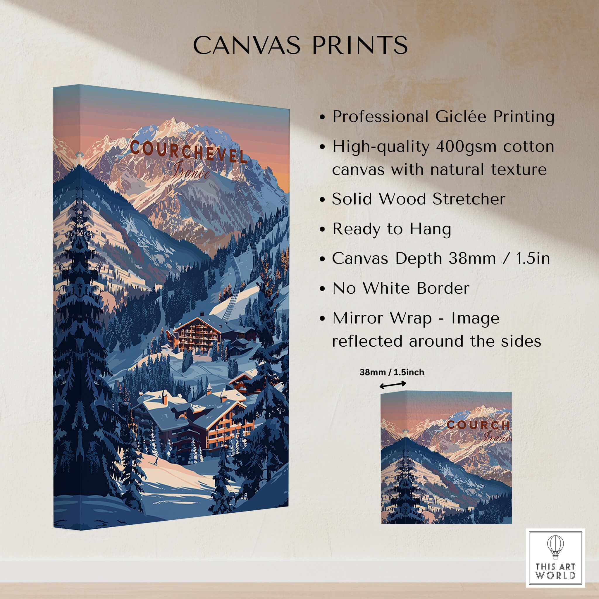 Courchevel Travel Poster - France showcasing stunning ski slopes and mountain scenery in a canvas print format.