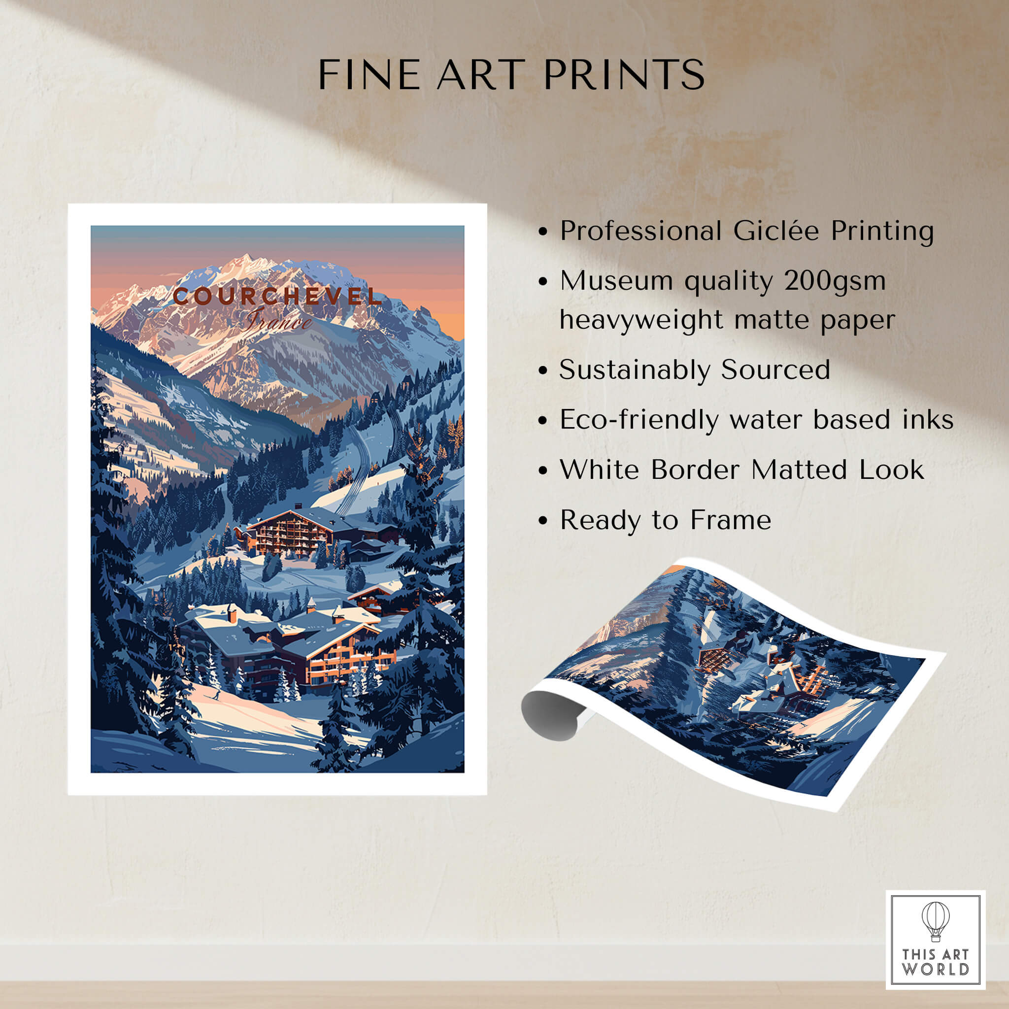 Courchevel Travel Poster - France showcasing stunning ski slopes and mountain views, perfect for art lovers.