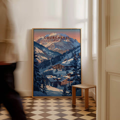 Courchevel Travel Poster - France featuring stunning ski slopes and mountains in a stylish interior setting.