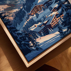 Courchevel Travel Poster -  France showcasing beautiful ski slopes and mountain scenery in an artistic design.